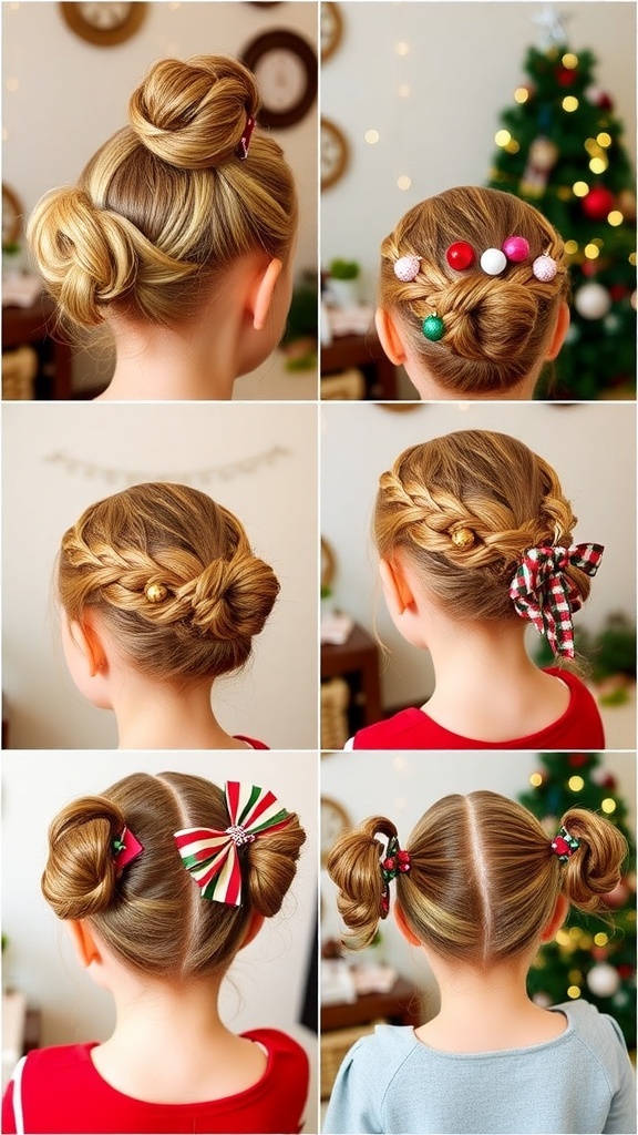Festive Christmas Hairstyles for a Charming Look Collage of festive Christmas hairstyles including updo, braided crown, half-up twist, and pigtails.